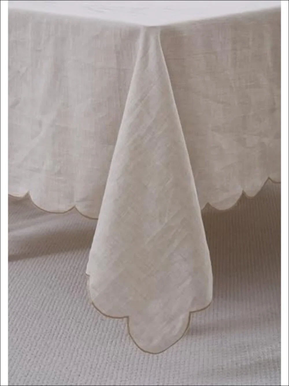 100% French Flax Linen Scalloped Embroidery Tablecloth 108x60 for Dining